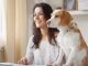 Frau und Hund sitzen am Schreibtisch vor dem Laptop